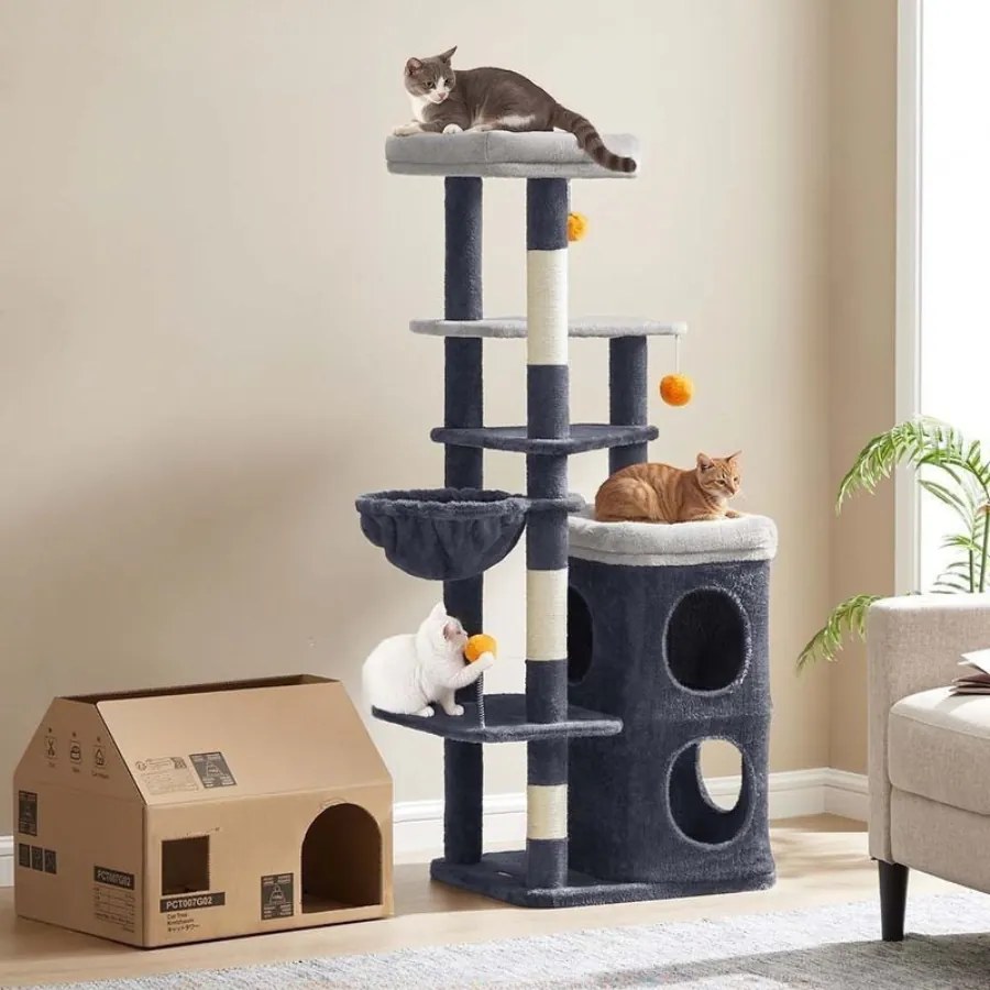 Arranhador com vários andares, com cavernas e plataformas para gatos 53 x 46 x 152 cm Cinzento escuro