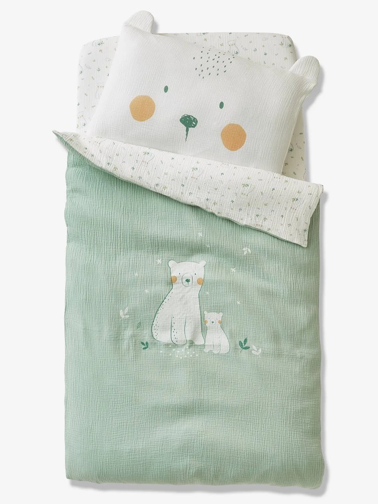 Capa de edredon para bebé, tema My little bear azul medio liso com motivo