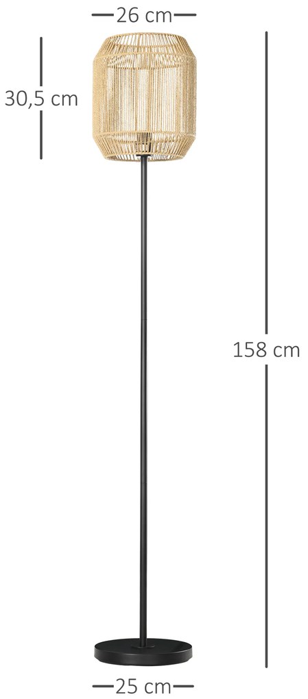 Candeeiro de Pé para Sala de Estar Lâmpada E27 Máx. 40W Candeeiro de Pé com Ecrã de Corda de Papel e Interruptor de Pé para Cozinha Dormitório Ø26x158