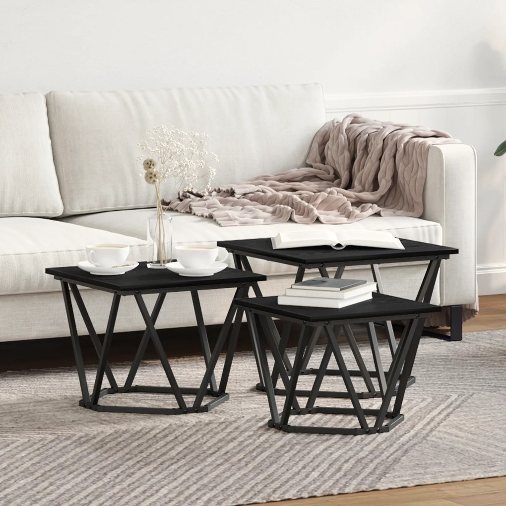 Mesas de Lado vidaXL 3 pcs Preto Carvalho de Madeira Engineered