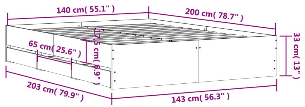 Estrutura de cama c/ gavetas 140x200cm derivados madeira branco