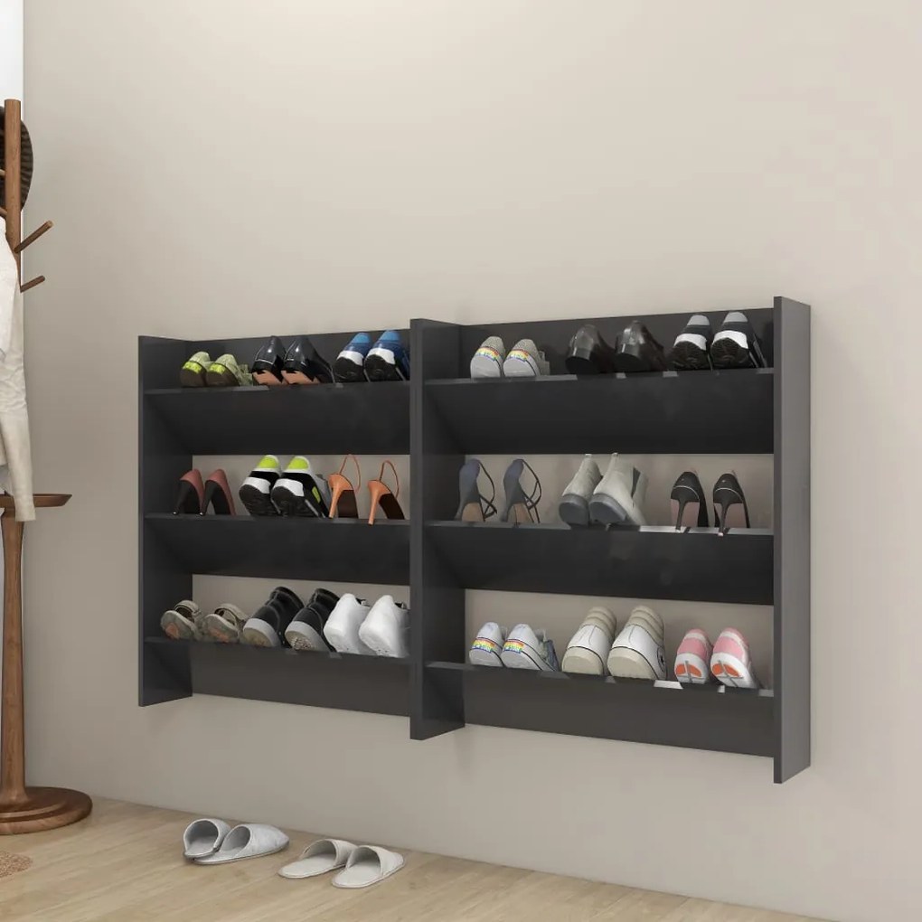 vidaXL Sapateiras de parede 2 pcs 80x18x90 cm contraplacado cinzento