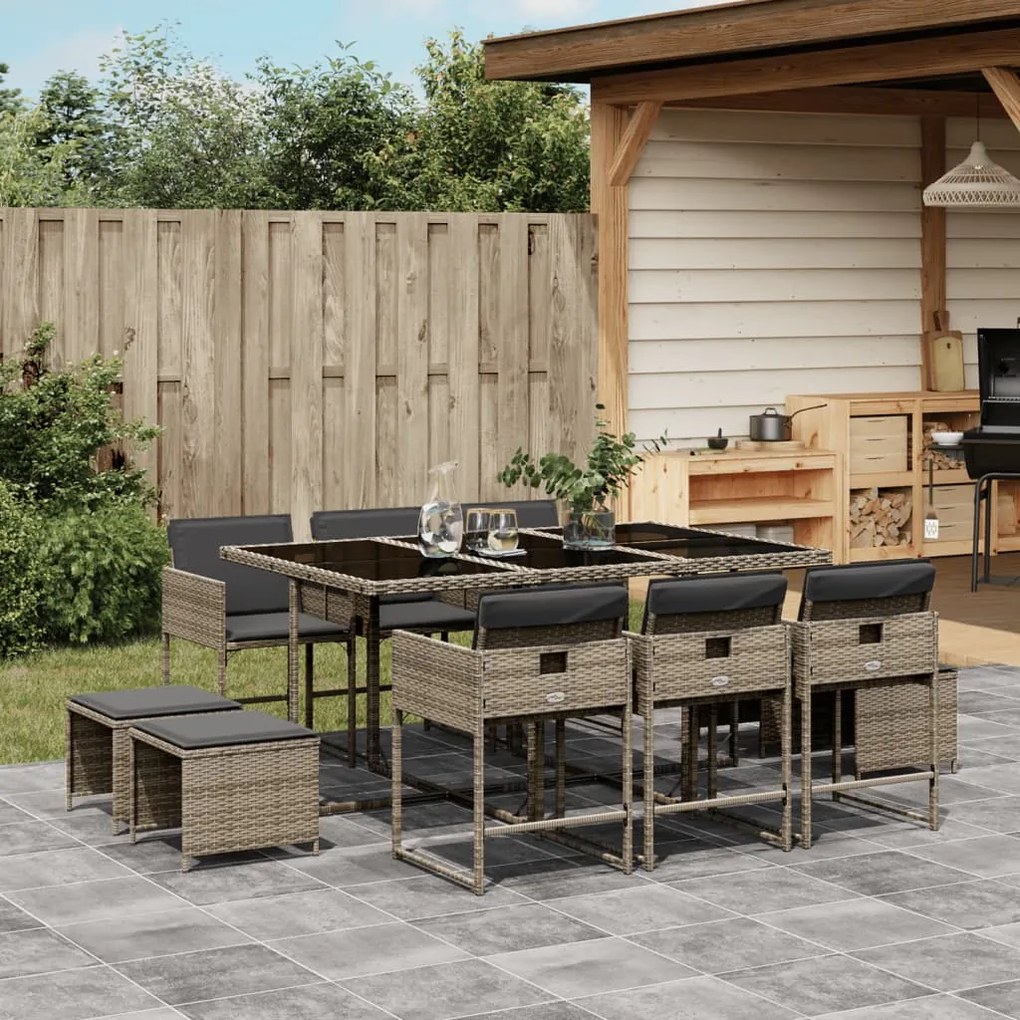 vidaXL 11 pcs conjunto jantar p/ jardim c/ almofadões vime PE cinzento