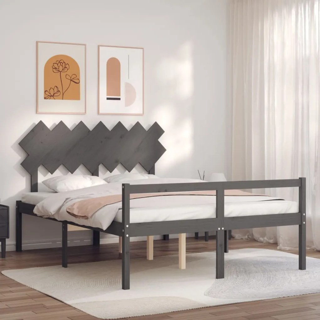 Estrutura de cama com cabeceira 140x190 cm madeira maciça cinza