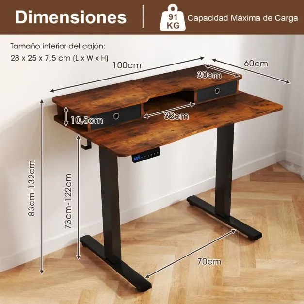 Secretária elétrica com pé 100 x 60 cm com 2 gavetas, altura ajustável e suporte para monitor Castanha