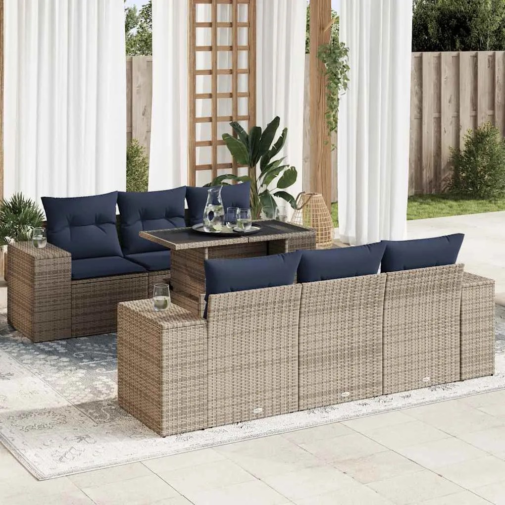 7 pcs conjunto sofás jardim almofadões vime PE/acácia cinzento