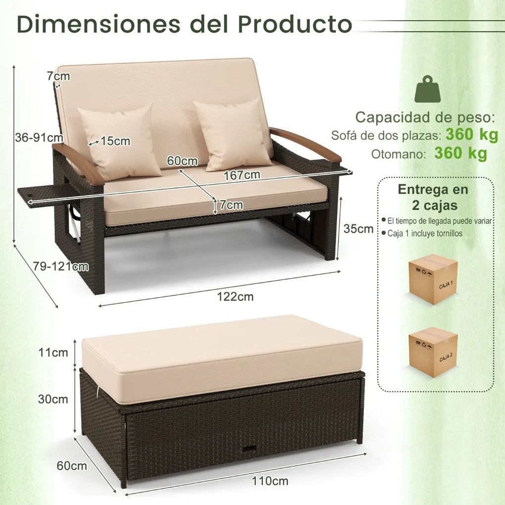 Sofá-cama de rattan para exterior com apoio para os pés com arrumação Encosto ajustável em 4 níveis e tabuleiros laterais retrácteis mistura de castan