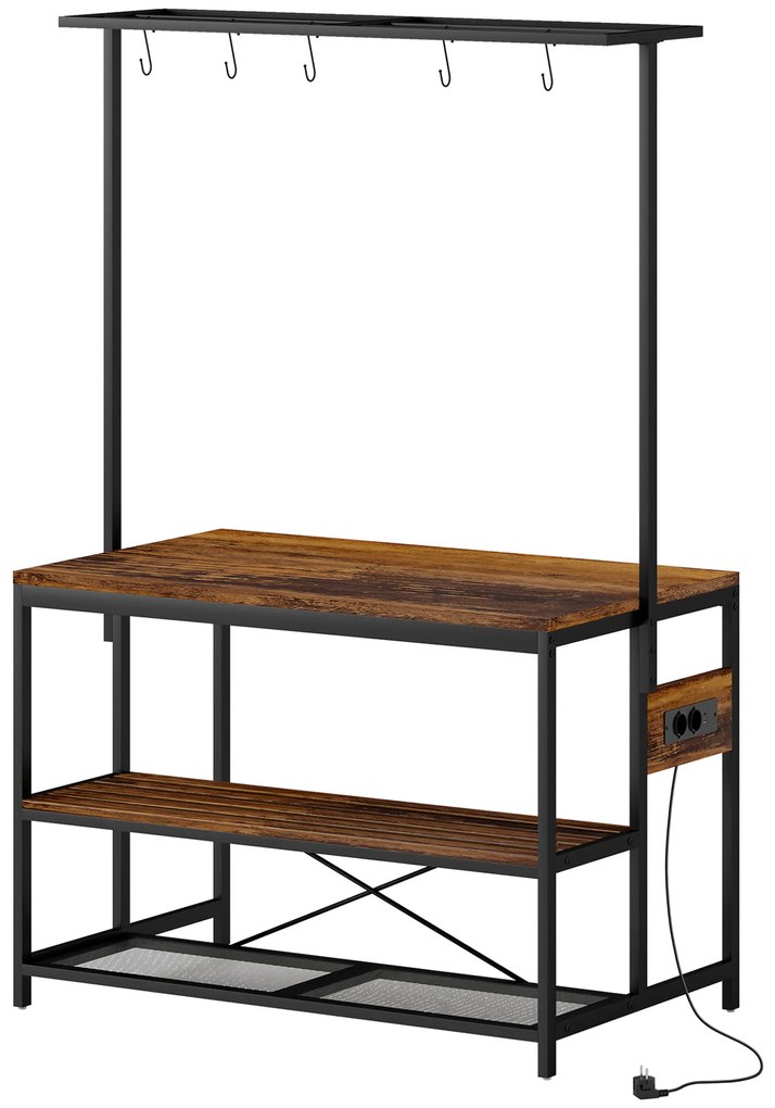 HOMCOM Estante de Cozinha com Tomada de Corrente Estilo Industrial com Prateleiras Ganchos Móvel Auxiliar 116x70x182 cm Marrom Rústico
