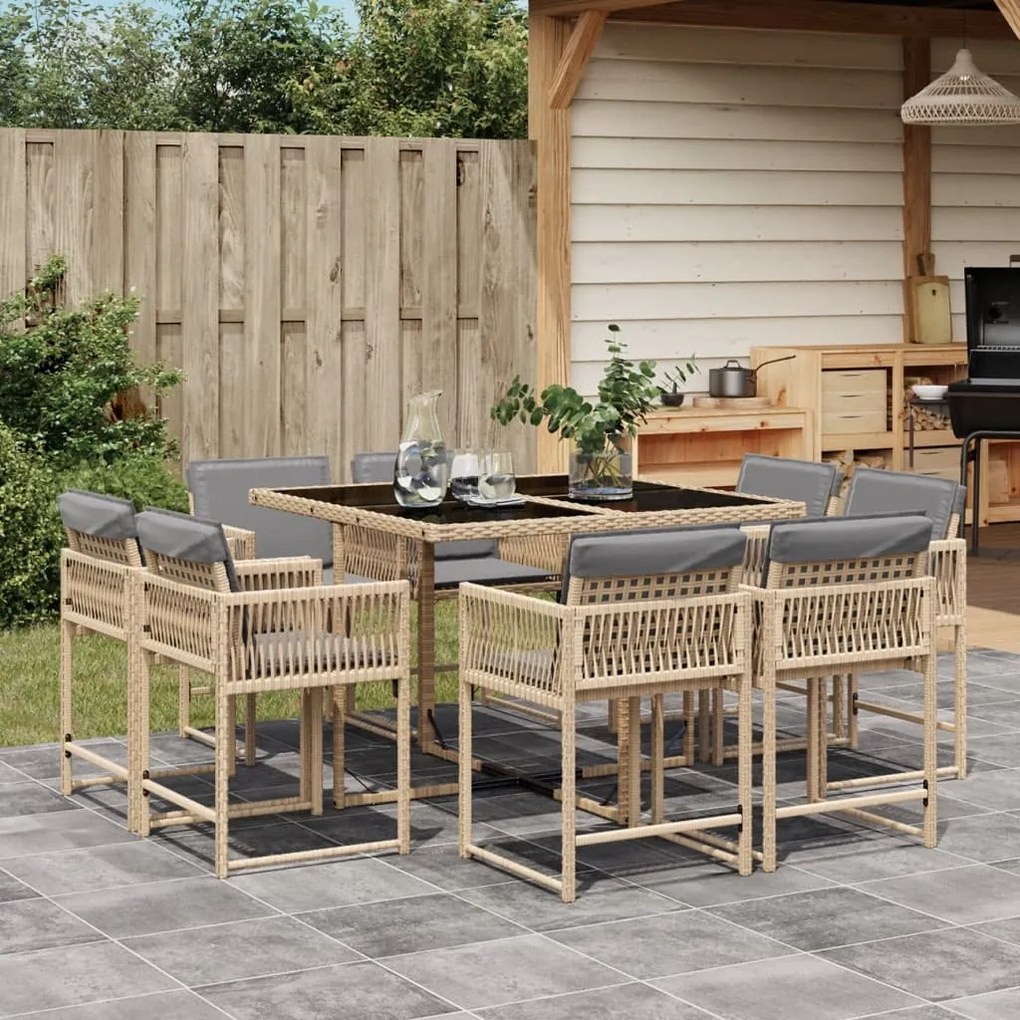 vidaXL 9 pcs conj. jantar jardim c/ almofadões vime PE bege misturado