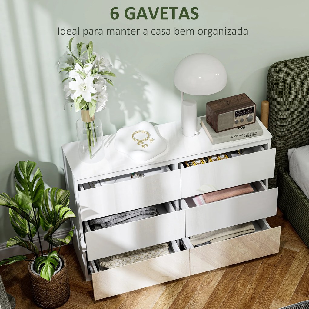 Cómoda com 6 Gavetas de Madeira Cómoda de Dormitório Cómoda Branca Estilo Moderno 112x34x75 cm Branco Brilhante