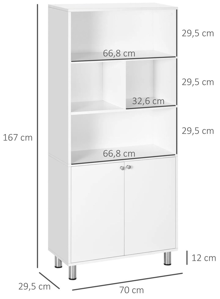 Estante Armário para Livros com 2 Portas e Armazenamentos Abertos para Sala de Estar Estúdio Escritório 70x29,5x167cm Branco