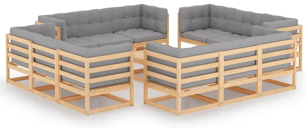 13 pcs conjunto lounge de jardim c/ almofadões pinho maciço