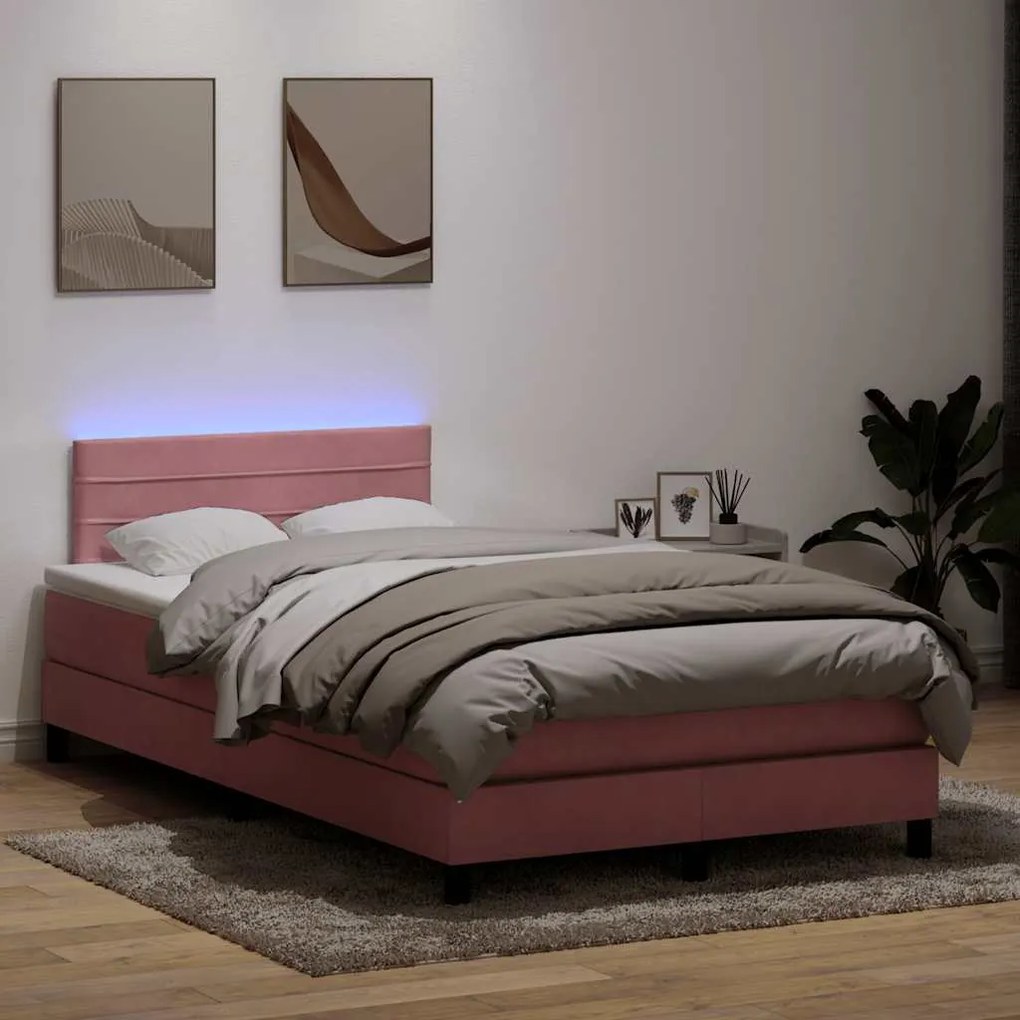 vidaXL Cama box spring c/ colchão e LED 120x210 cm veludo Rosa