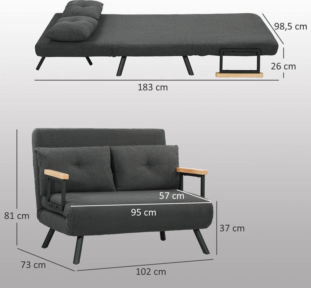 Sofá Cama Sofá Convertível em Cama de 2 Lugares Dobrável com Encosto Ajustável em 5 Níveis e 2 Almofadas 102x73x81 cm Cinza