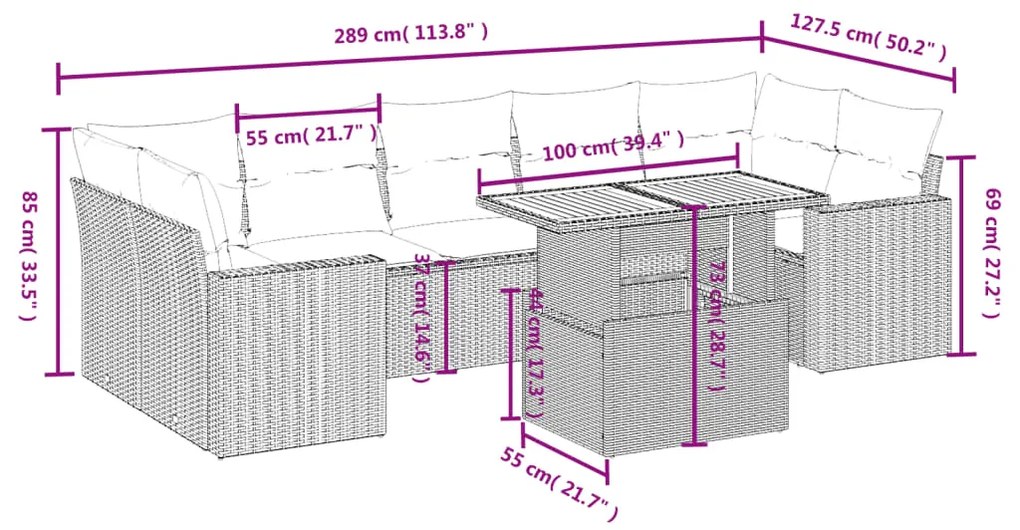 8 pcs conjunto de sofás p/ jardim com almofadões vime PE bege