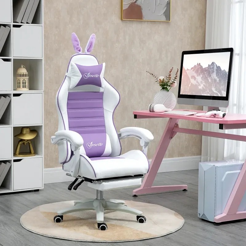 Cadeira Gaming Giratória de Couro PU com Altura Ajustável Inclinável 135° Apoio para a Cabeça 65x63x136-142 cm Branco e Roxo