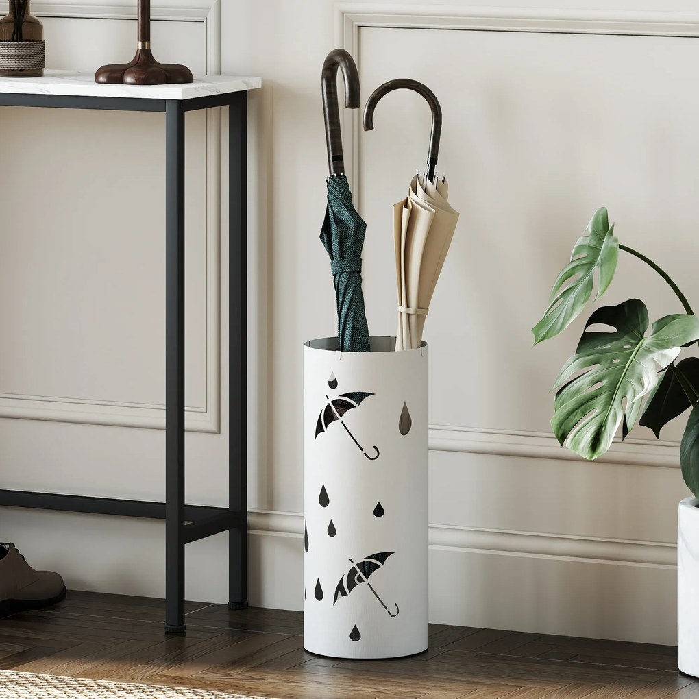 Suporte guarda-chuvas cilíndrico Ø 17 x 41 cm com suporte para guarda-chuvas, tabuleiro de gotejamento amovível e 4 ganchos, , branco