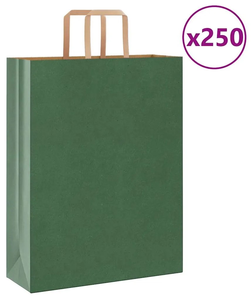 vidaXL Sacos de papel 250 unid com alças verde 32x12x42 cm