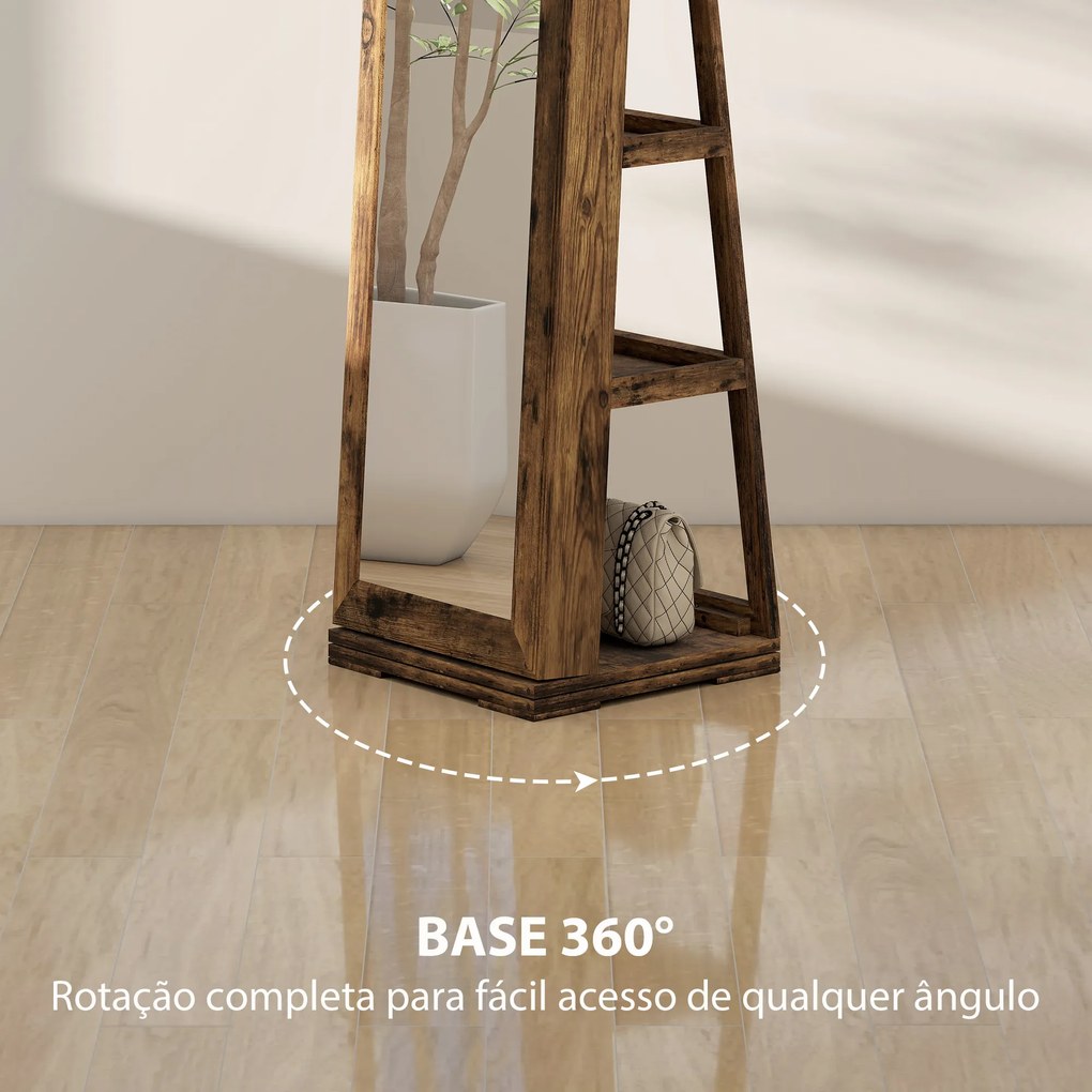 Joalheiro de Pé Armário para Jóias 360° com Fechadura e Espelho Incorporado Carga Máxima 20 kg 38x38x160 cm Castanho Rústico