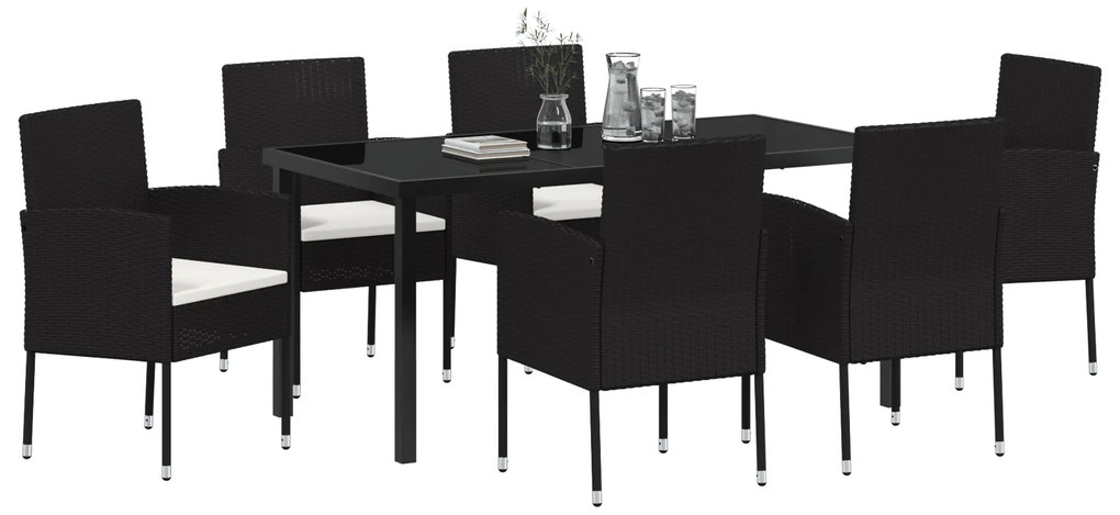 Conjunto de Jantar de Jardim 7 Peças com Almofadas Preto Rattan Poliés
