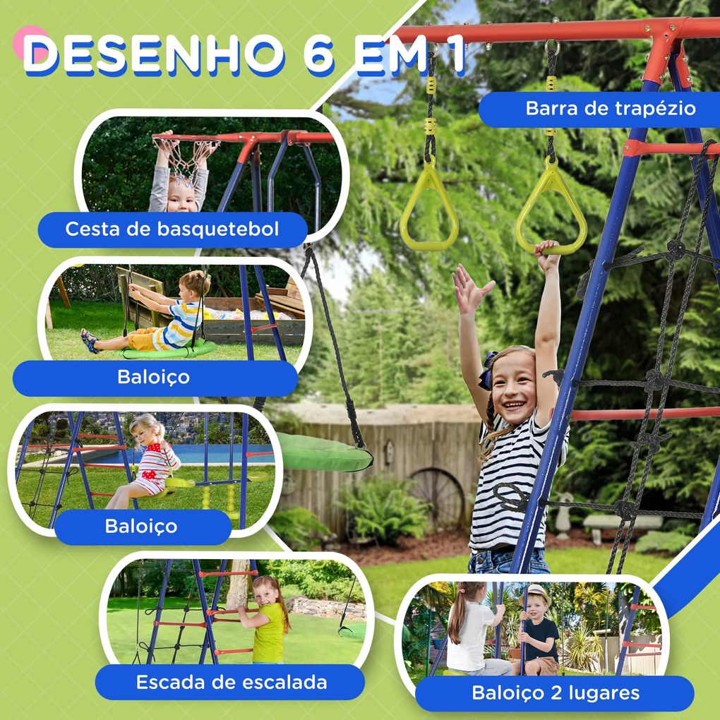 Conjunto de Baloiços para Crianças de Metal 6 em 1 Baloiços para Crianças de 3-12 Anos com 2 Baloiços Cesta de Basquetebol Baloiço Duplo Escada e Argo