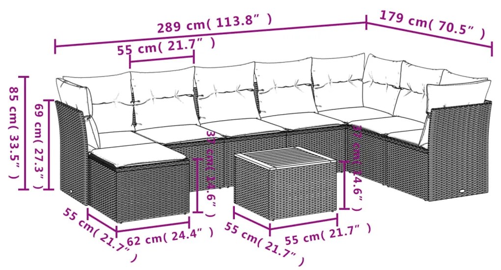 9 pcs conjunto de sofás p/ jardim com almofadões vime PE bege