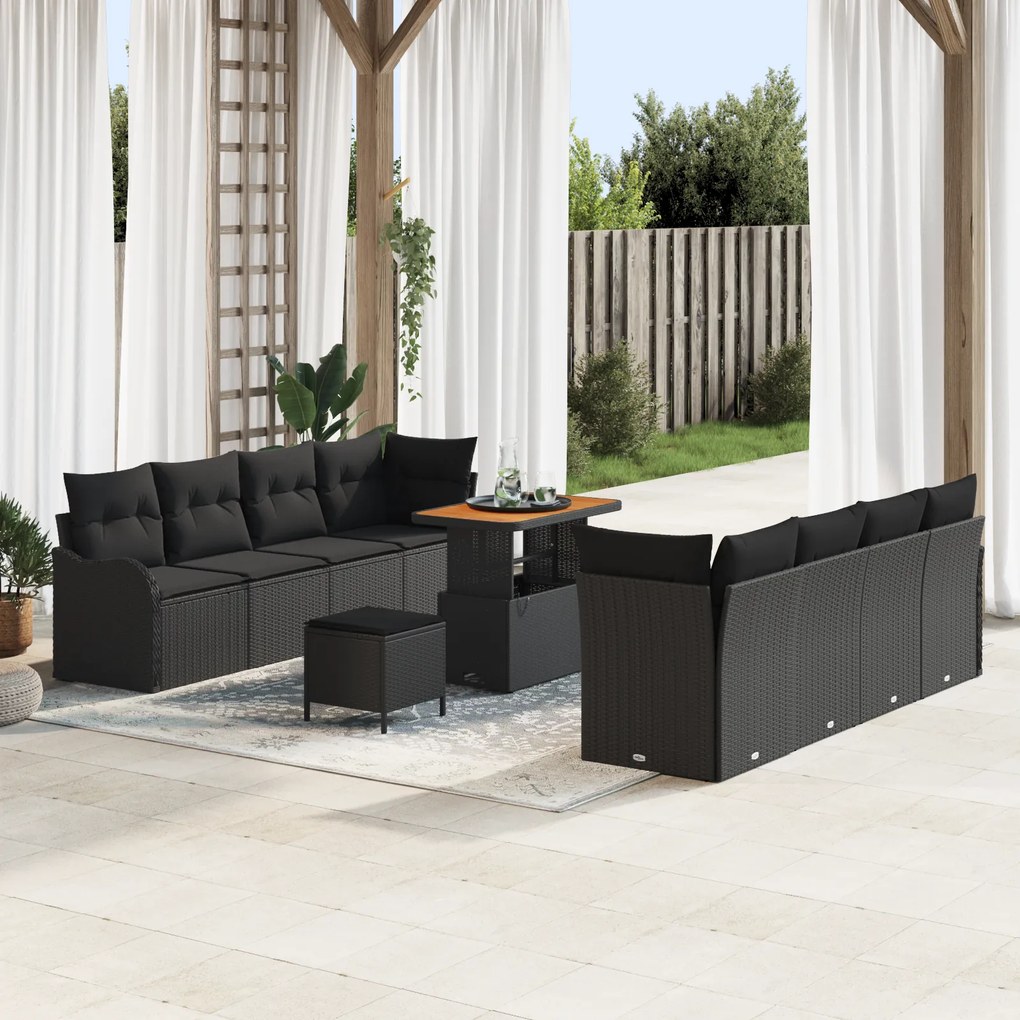 Conjunto de Sofá de Jardim vidaXL com Almofadas Preto Poliratan Acácia