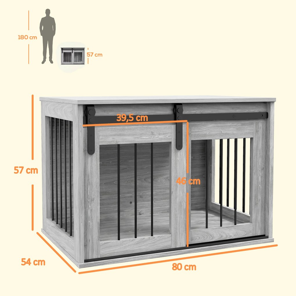 Gaiola para cães e animais de estimação 57 (A) x 80 (C) x 54 (L) cm, para interior, com porta deslizante, em metal com efeito de madeira cinzenta