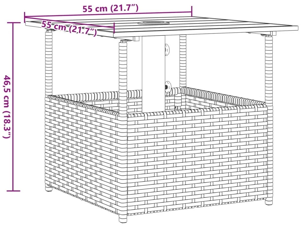 Mesa jardim c/orifício guarda-sol 55x55x46,5cm vime PE castanho