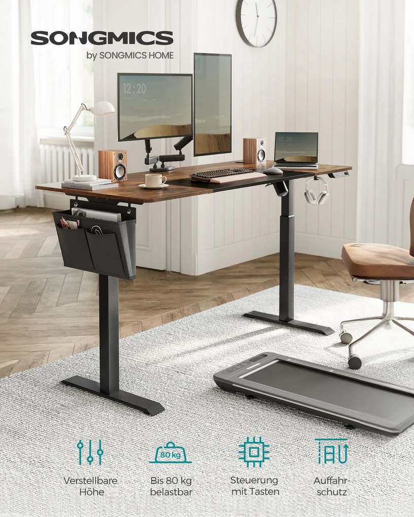 Secretária regulável em altura eléctrica 70 x 160 x (72-120) cm Castanho Vintage e Preto