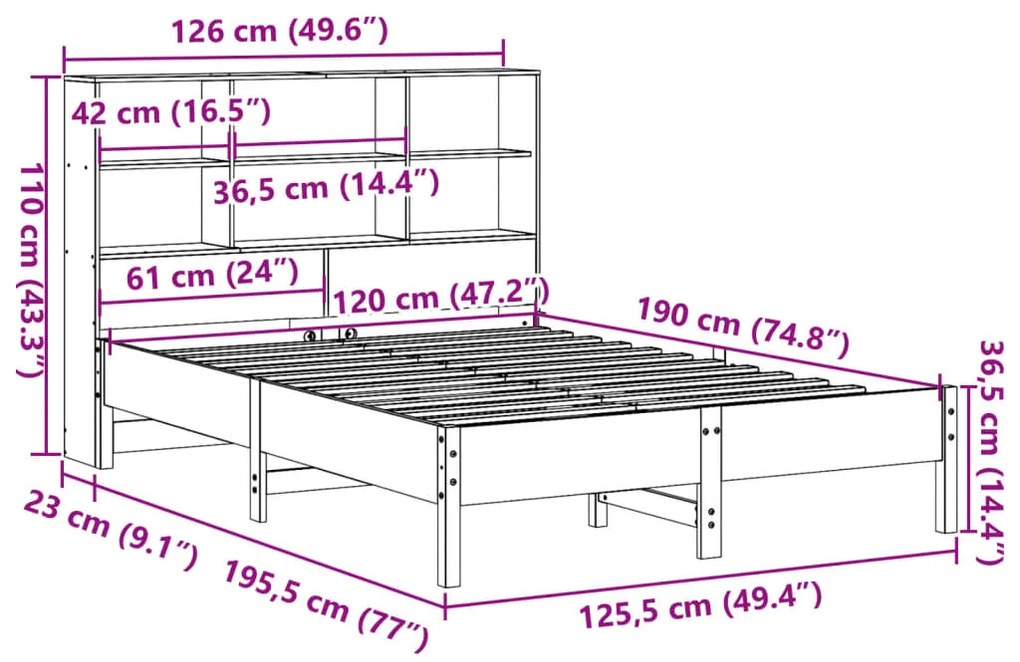 Cama com estante sem colchão 120x190 cm pinho maciço