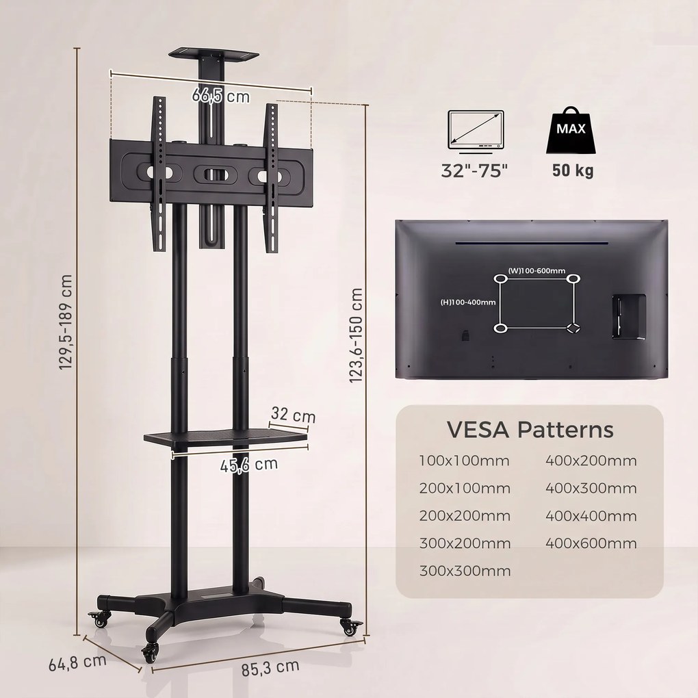 Suporte para TV com Rodas para Televisores de 32-75 Polegadas, Altura Ajustável, Rodas com Travão, VESA máx. 400 x 600 mm