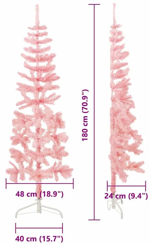 Meia árvore de Natal fina com suporte 180 cm rosa