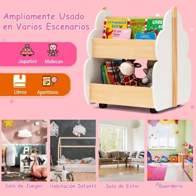 Estante de madeira para crianças com rodas Estante de brinquedos multifuncional de 2 níveis Organizador de livros 52 x 46 x 62,5 cm Branco