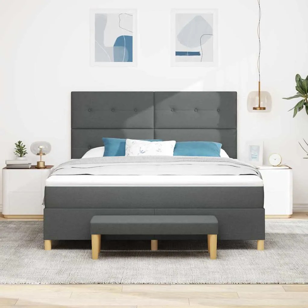 Cama Box Spring com Colchão e Banco Cinza Escuro 180x200 cm Tecido