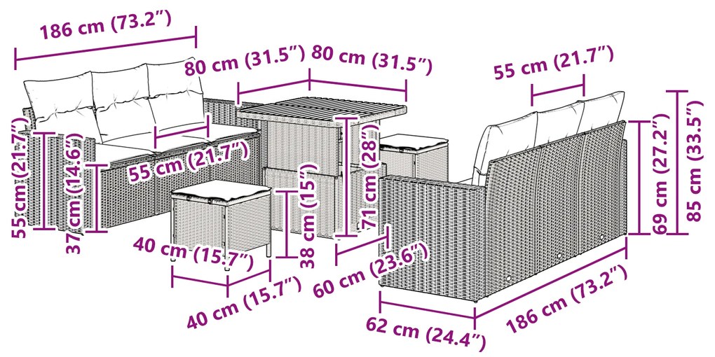 Conjunto de Sofá de Jardim vidaXL de 9 Peças com Almofadas Cinza Ratta