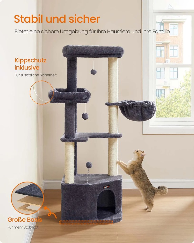 Arranhador para gatos 48,5 x 48,5 x 140,7 cm com uma grande caverna e várias áreas para brincar e descansar cinzento escuro