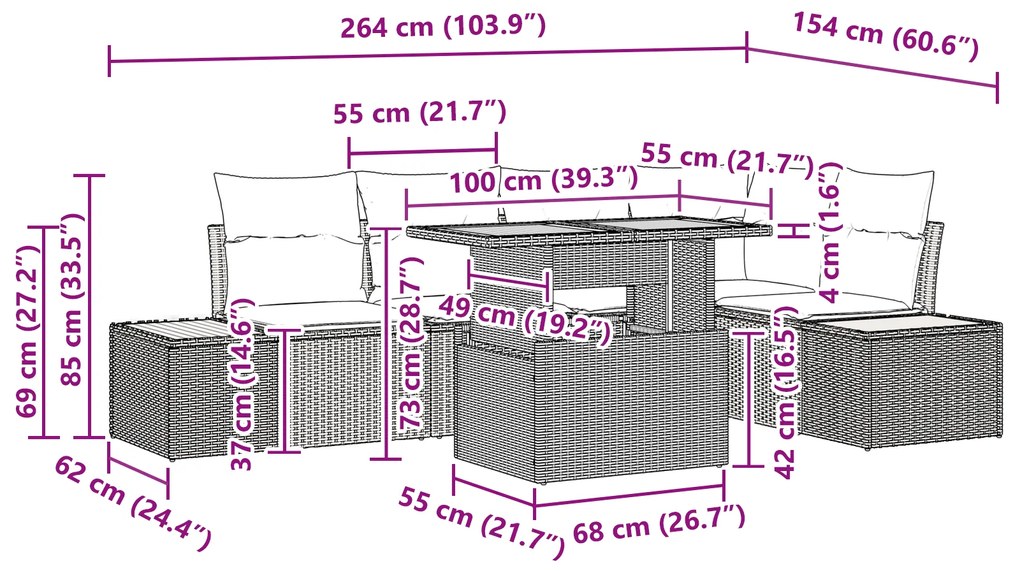 Conjunto de Jantar de Jardim de 6 Peças com Almofadas Cinza Rattan de