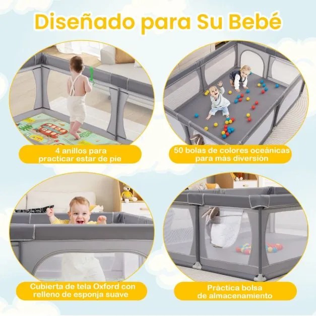 Parque infantil com tapete de jogos Centro de actividades estável não tóxico com bolas Rede respirável com fecho de correr 206 x 147 x 68,5 cm Cinzent