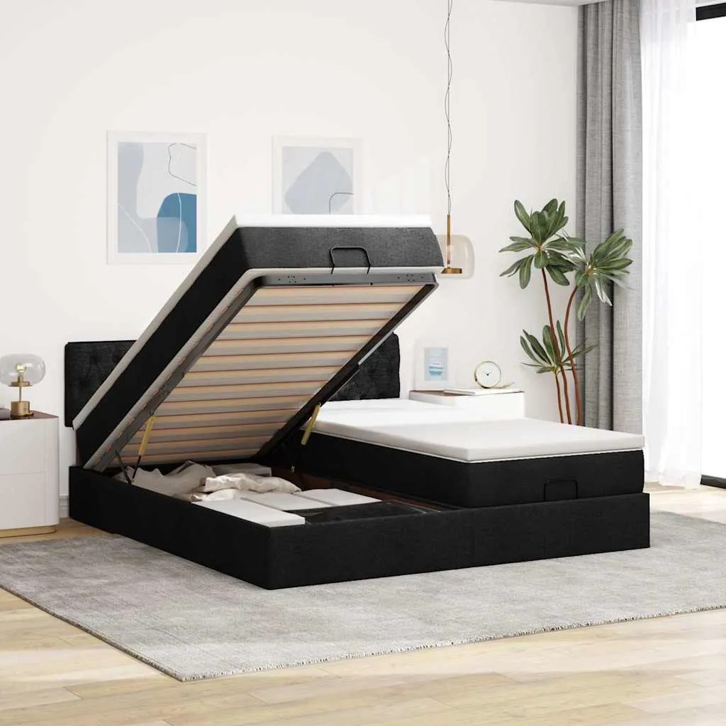 63 / 5,000vidaXL Estrutura de cama otomana com colchões tecido preto