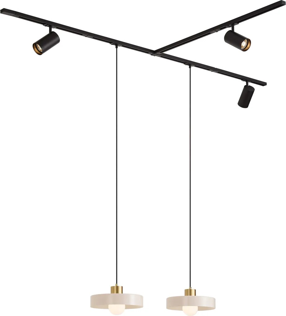 Sistema de calhas moderno preto com 2 candeeiros pendentes brancos e 3 focos monofásicos - Iconic Jeana Luxe Jina