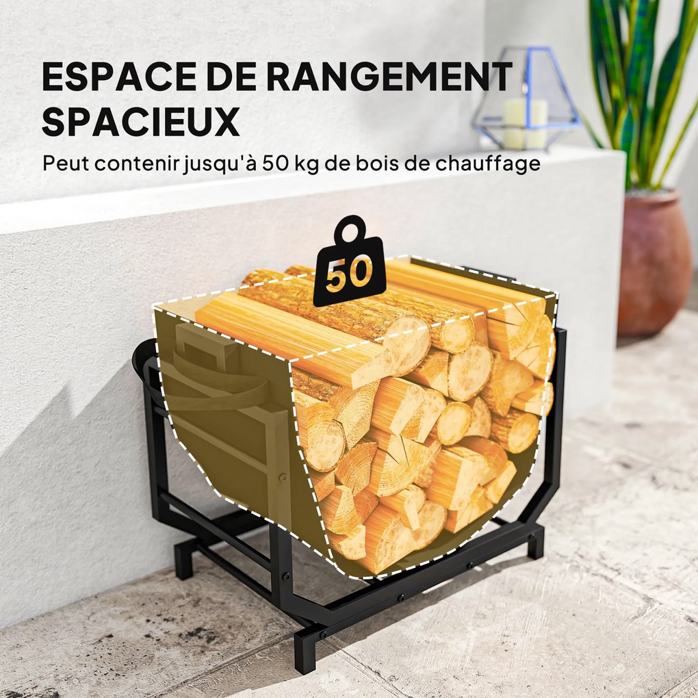 Porta-lenha 53 x 33 x 43 cm com saco de transporte e pegas para uso interior, em metal resistente, , preto