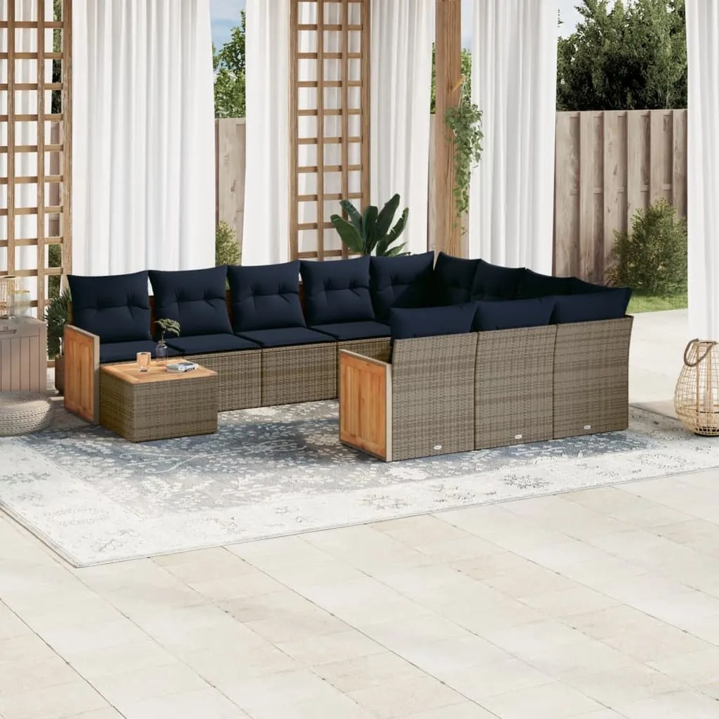 vidaXL 11 pcs conjunto sofás de jardim c/ almofadões vime PE cinzento