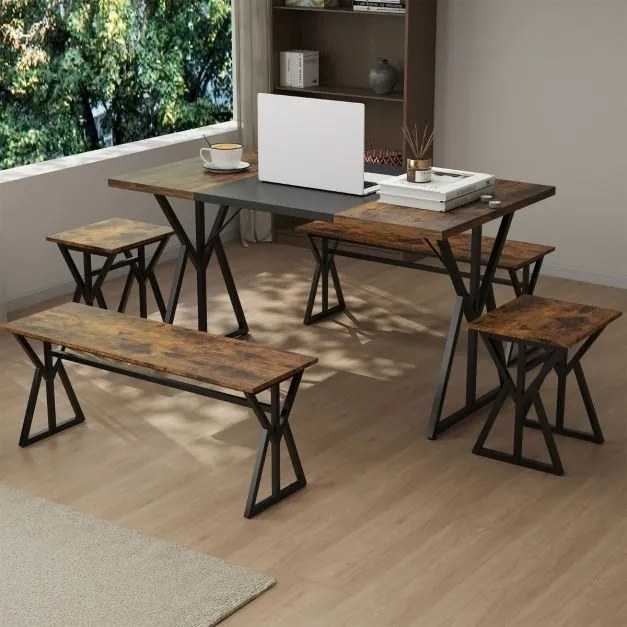 Conjunto de sala de jantar de 5 peças para 4-6 pessoas Mesa de cozinha retangular industrial com 2 bancos e 2 bancos altos castanho