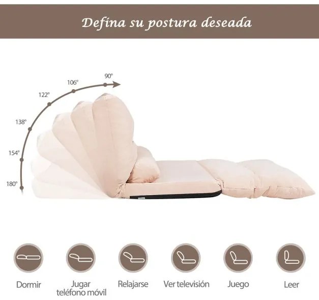 Sofá chão Sofá-cama multifuncional ajustável em 6 posições com 2 almofadas Forro em camurça para quarto, sala, varanda Bege