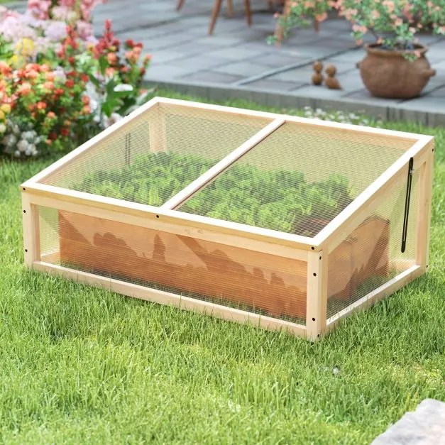 Estufa portátil, teto transparente rebatível 94 x 63 x 40 cm, proteção para vasos elevados, pequena, interior, exterior, jardim, terraço, madeira