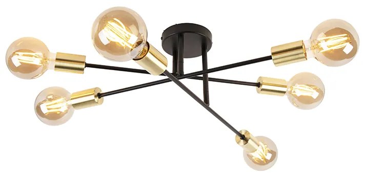 LED Candeeiro de teto inteligente preto com dourado 6 luzes incl. Wifi G95 - Sydney Industrial
