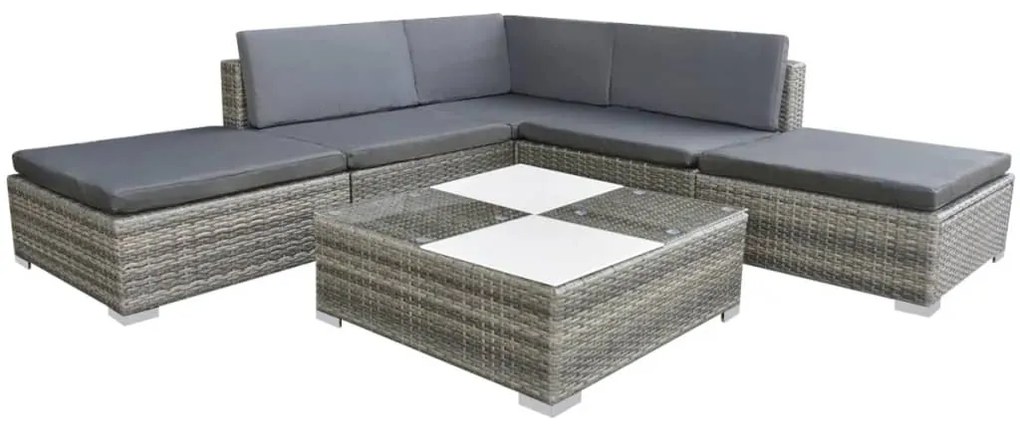 6 pcs conjunto lounge de jardim c/ almofadões vime PE cinzento