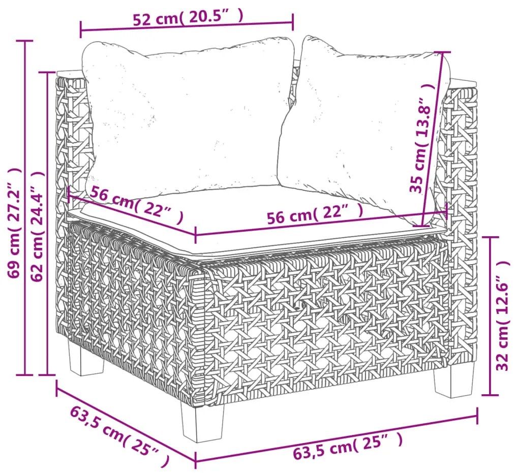 4 pcs conjunto sofás de jardim c/ almofadões vime PE cinzento