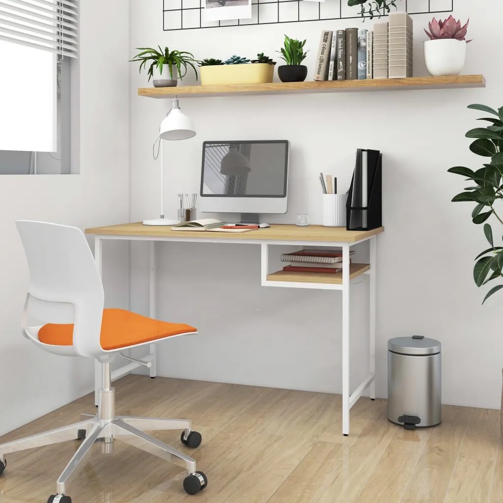 20544 vidaXL Secretária p/ PC 105x55x72cm MDF e metal branco/carvalho-claro